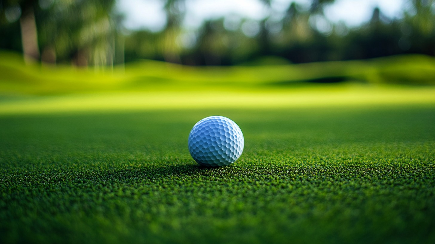 Close-up shot of a golf ball on a grassy green, with blurred background of the golf course