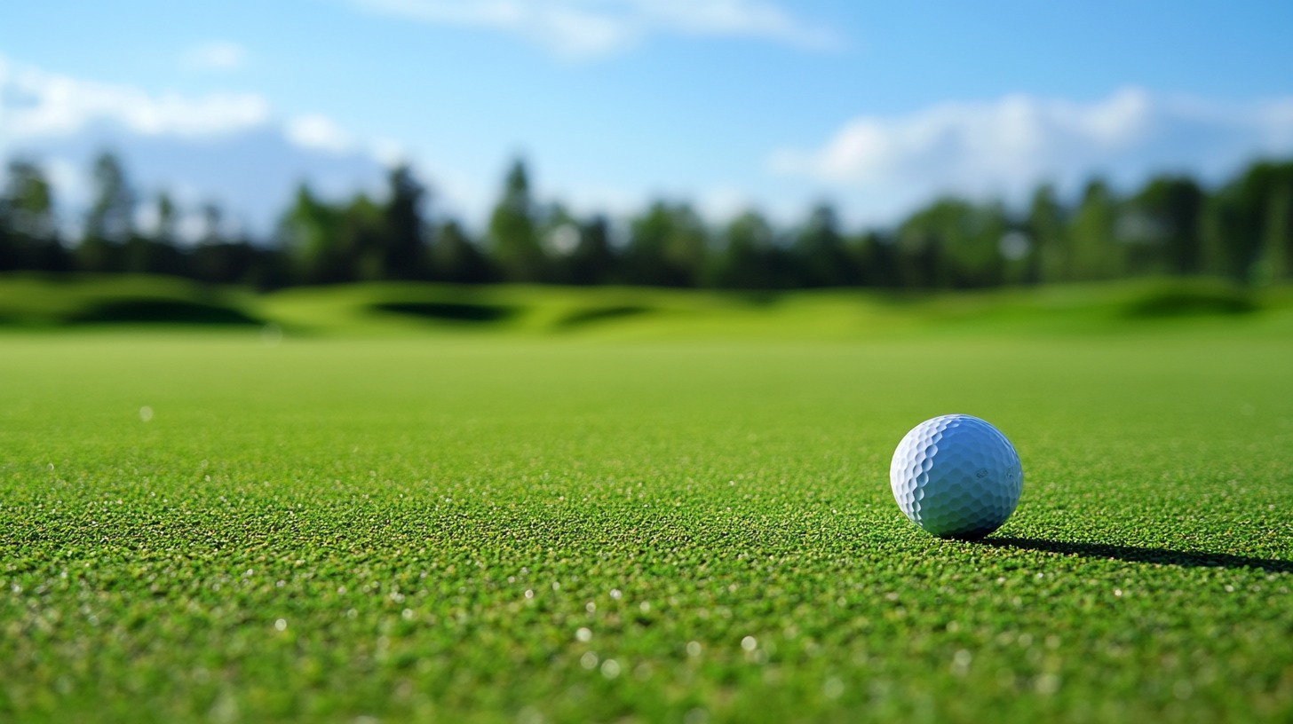 close-up of a golf ball on a green golf course under a clear blue sky